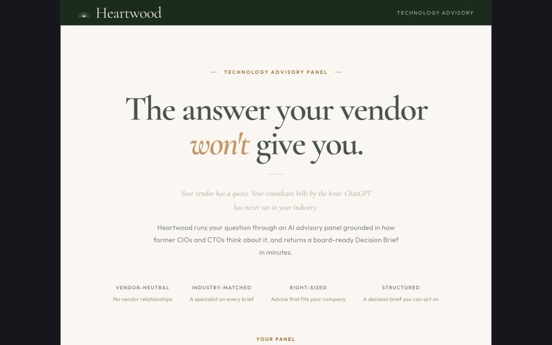 Screenshot of the Heartwood homepage: “The answer your vendor won't give you”