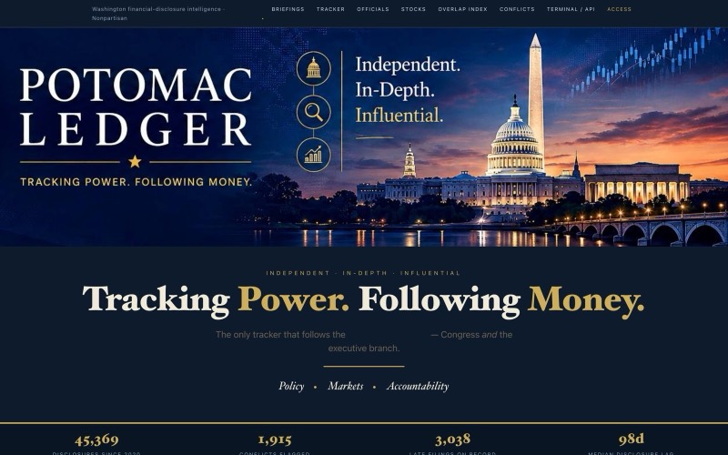 Screenshot of The Potomac Ledger homepage: “Tracking Power. Following Money.” over the U.S. Capitol at dusk