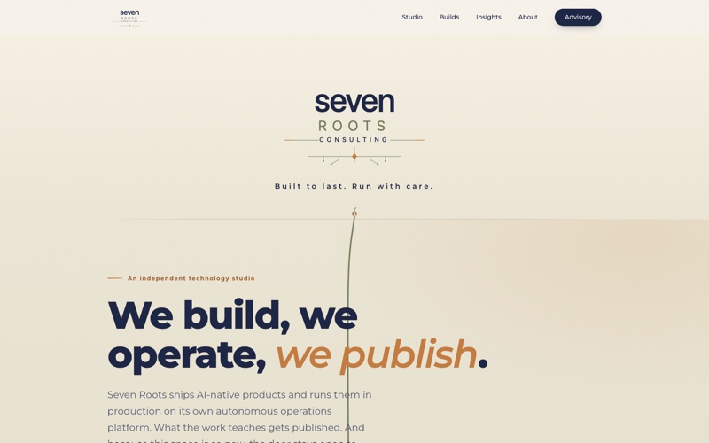 Screenshot of the Seven Roots Consulting homepage: “Your business has outgrown its technology setup”